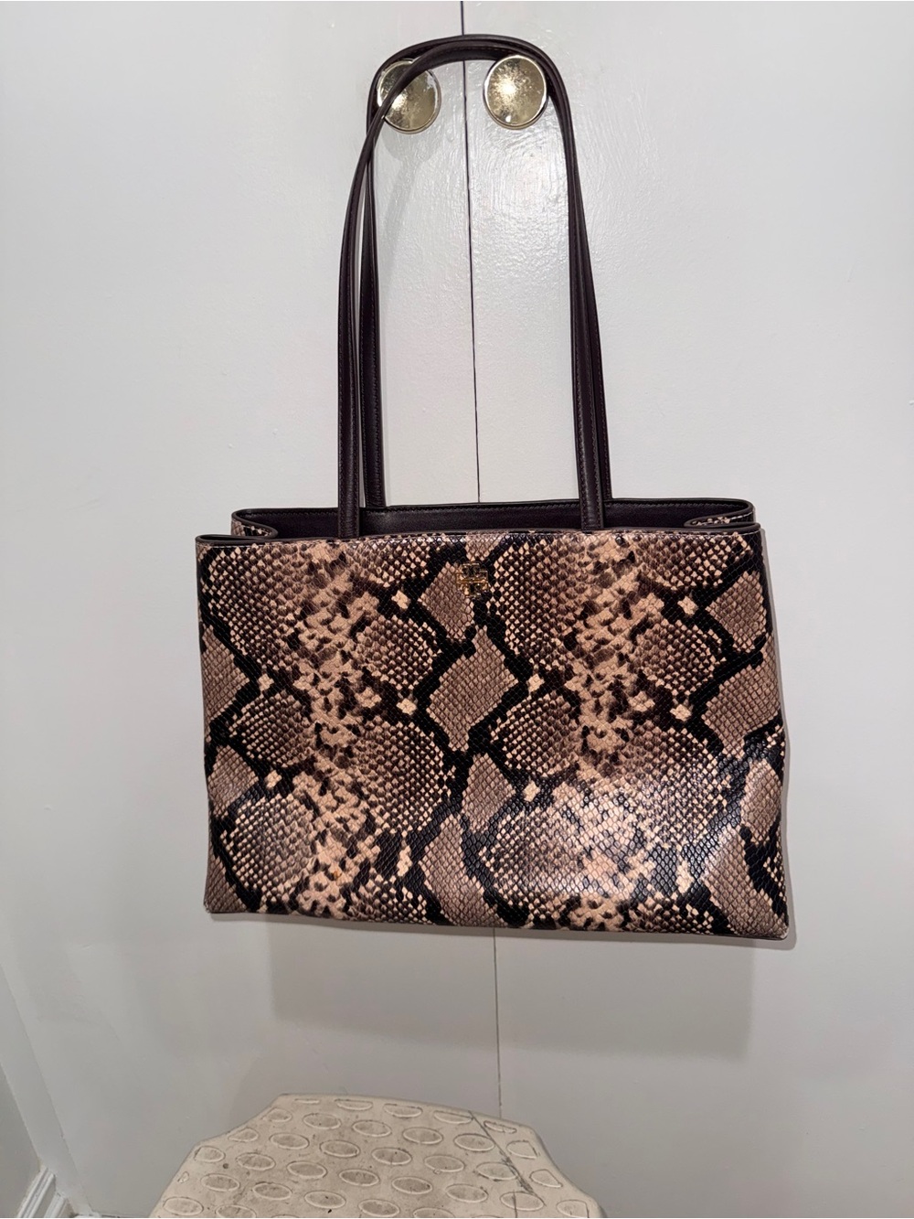 Tory Burch Snake-Print Tote in Black and Beige